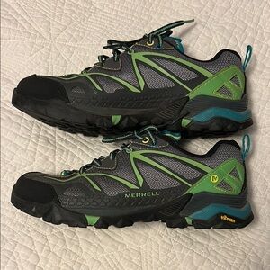 Merrell Gray and Green Athletic Shoes with Rugged Design Trail Runners EUC